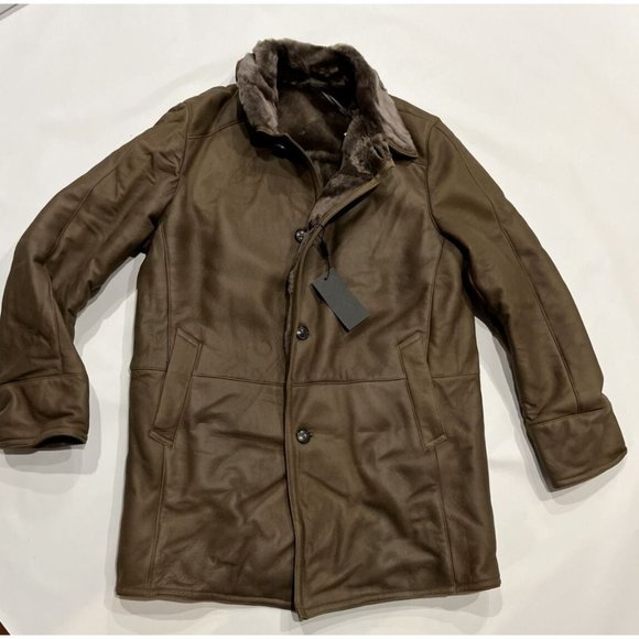 $2495 Gallotti Mens Brown Leather Shearling Fur-Lined Jacket Coat-Eu 54 US 44 - Picture 5 of 10